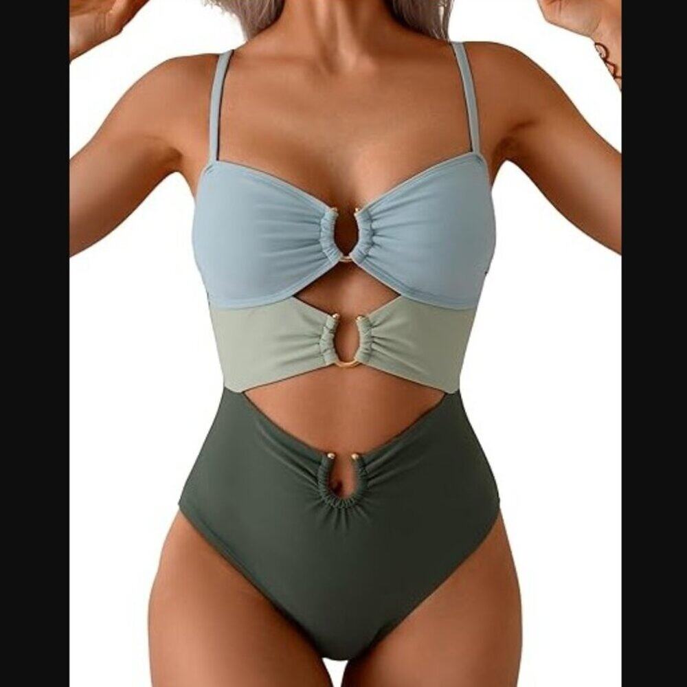 Colorblock Ring-Detail One-Piece Swimsuit - Blue/Green